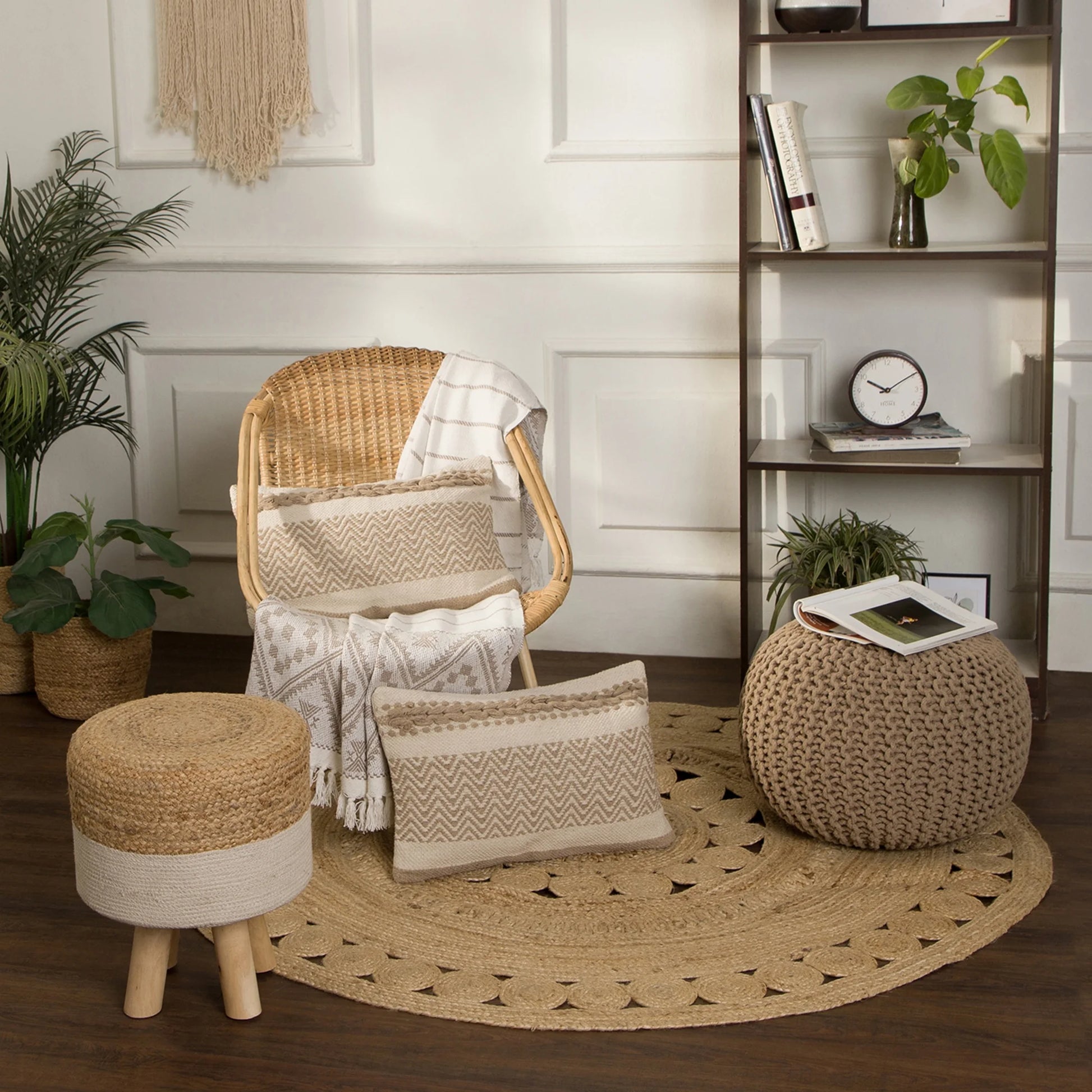 round Pouf Ottoman - Hand Knitted Cable Boho Poof Home Décor Pouffe Circular Footrest for Living Room - Bedroom - Lounge - 100% Cotton (19.5"X19.5"X14") - Beige