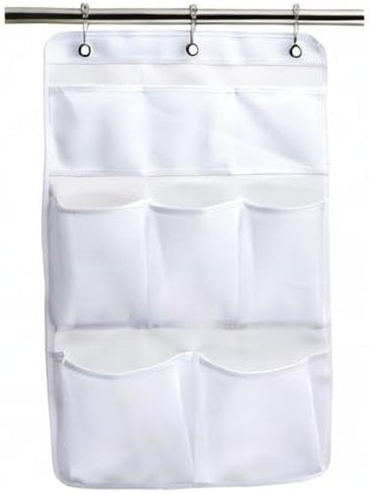 Mesh Shower Organizer Hanging Bathroom Caddy 8 Pockets Hang Curtain Rod with 3 Rings
