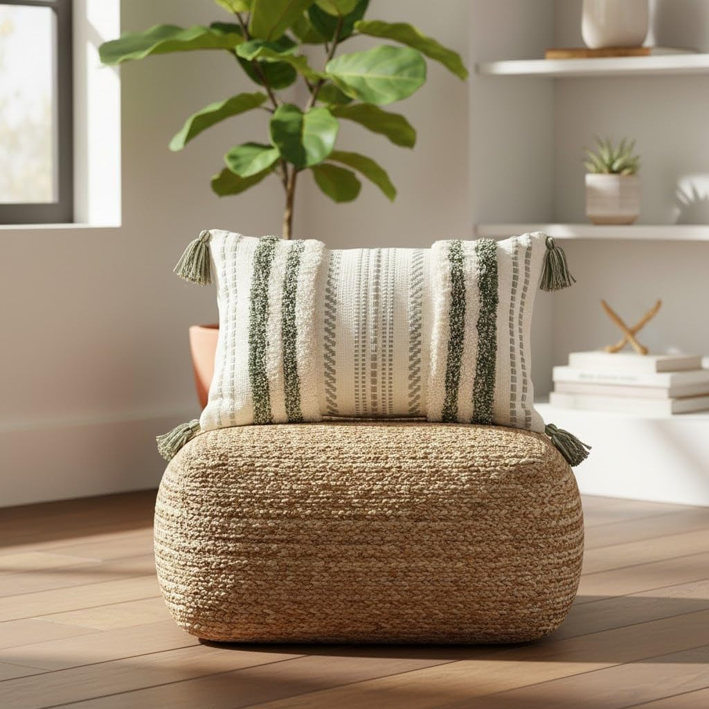 Green and Cream White Throw Pillow Cover 12X20 Pack of 1 | Decorative Boho Lumbar Accent Pillow Cover Neutral Modern Farmhouse Tufted Textured Pillow Cover for Couch Bed Sofa