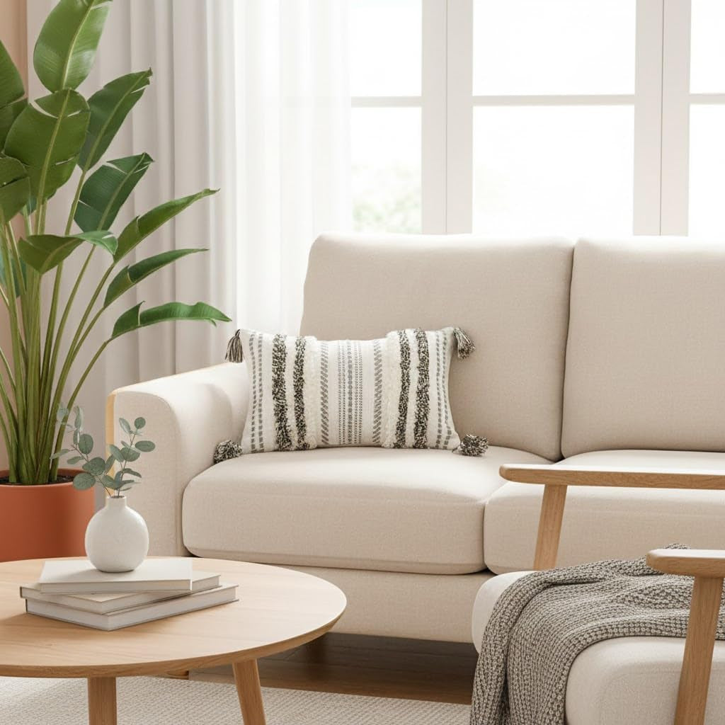 Green and Cream White Throw Pillow Cover 12X20 Pack of 1 | Decorative Boho Lumbar Accent Pillow Cover Neutral Modern Farmhouse Tufted Textured Pillow Cover for Couch Bed Sofa