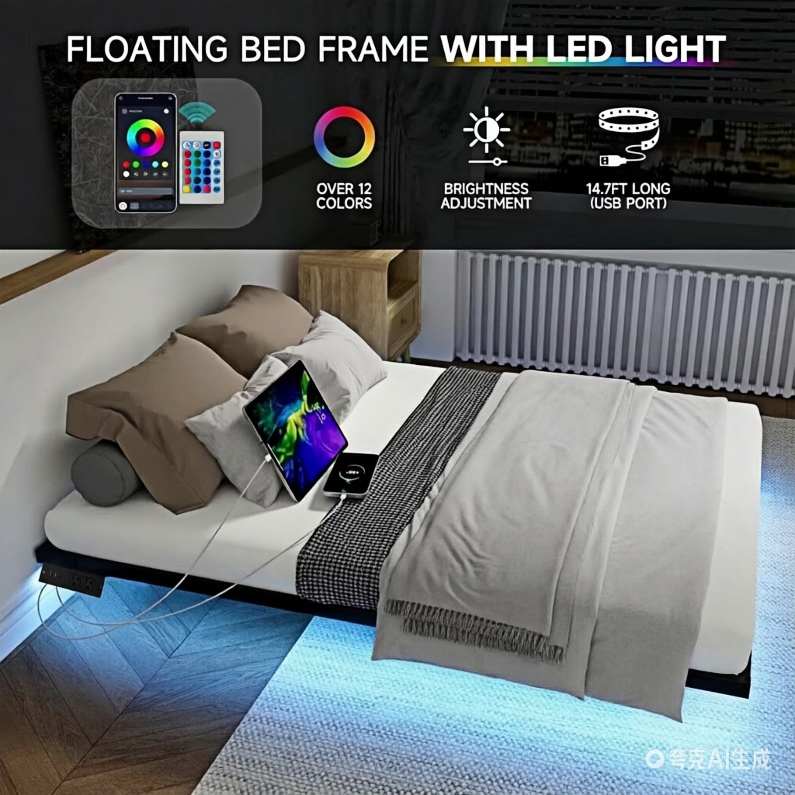 King Size Floating Platform Bed Frame with LED Lights, Charging Station, Sturdy Metal Platform Bed with round Safety Corners and Mattress Stabilizers, 900Lbs Heavy Duty Support, Easy Assembly