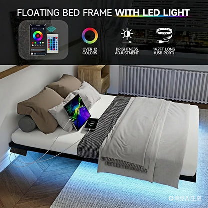 King Size Floating Platform Bed Frame with LED Lights, Charging Station, Sturdy Metal Platform Bed with round Safety Corners and Mattress Stabilizers, 900Lbs Heavy Duty Support, Easy Assembly