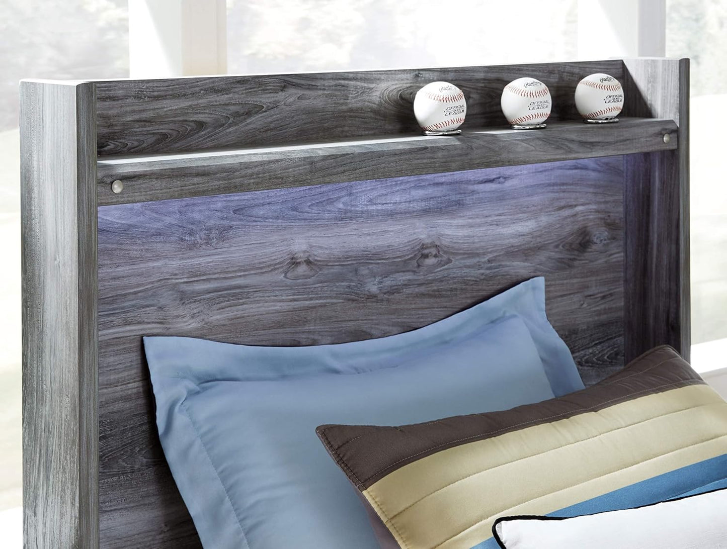 Signature Design by Ashley Full Size Bed with Storage Drawers, Gray | Smoky Gray Replicated Oak Grain Texture, Footboard Drawers, Platform Frame, LED Headboard Lighting, Baystorm Series
