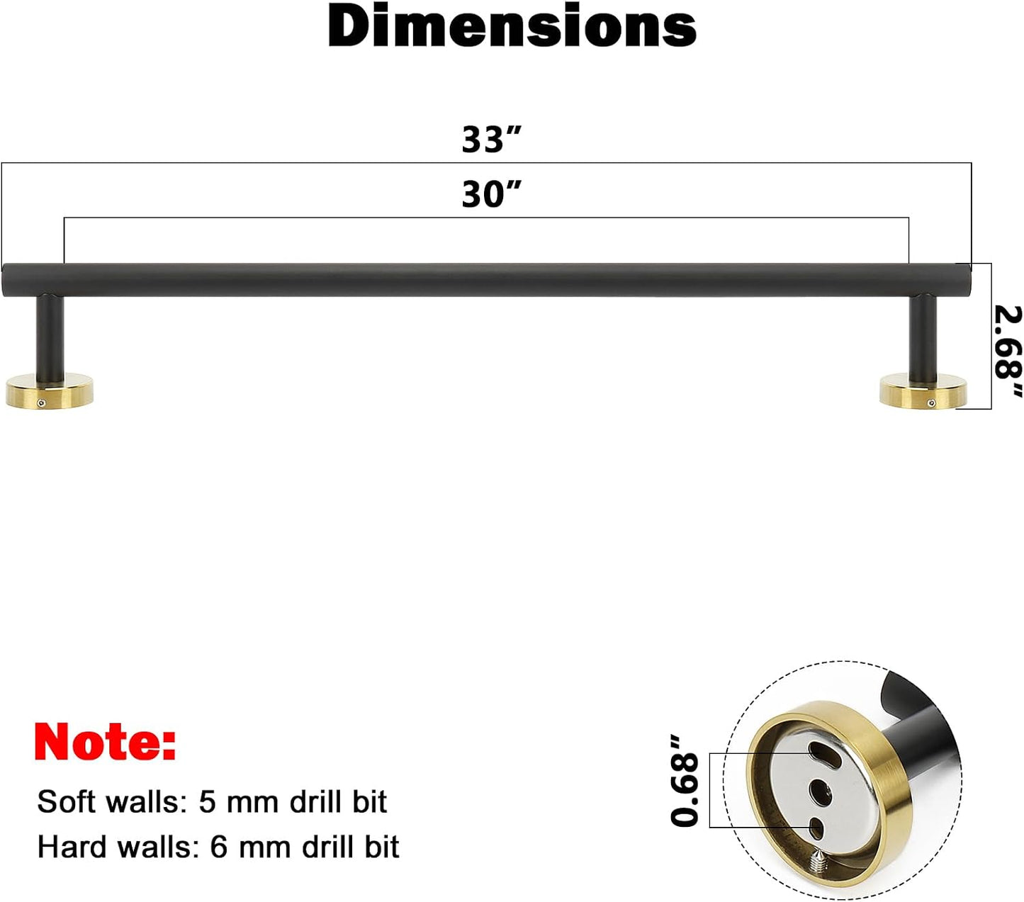 Bath Towel Bar, Thicken Stainless Steel Shower Towel Rack Holder Wall Mounted for Bathroom, 33-Lnch Overall Length-30-Lnch Usable Hanging Space (1 Pack, Matte Black & Gold)