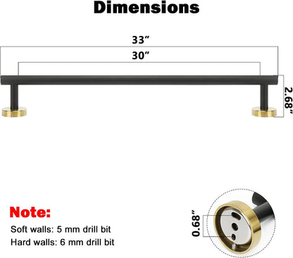 Bath Towel Bar, Thicken Stainless Steel Shower Towel Rack Holder Wall Mounted for Bathroom, 33-Lnch Overall Length-30-Lnch Usable Hanging Space (1 Pack, Matte Black & Gold)