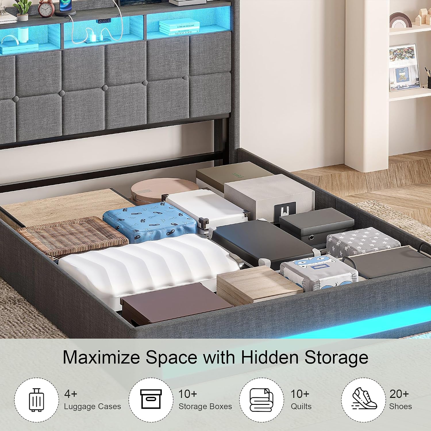 Full Size Lift up Storage Bed, Upholstered Platform Bed Frame with Smart LED Lights and USB Charging Station, No Box Spring Needed, Grey
