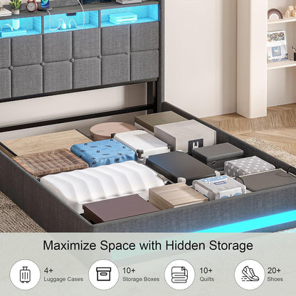 Full Size Lift up Storage Bed, Upholstered Platform Bed Frame with Smart LED Lights and USB Charging Station, No Box Spring Needed, Grey