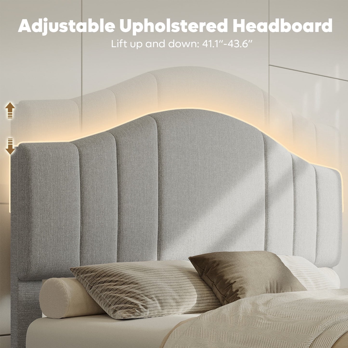 Full Upholstered Bed Frame with Adjustable Arc-Shaped Headboard, LED Platform Bed, Fabric Gray