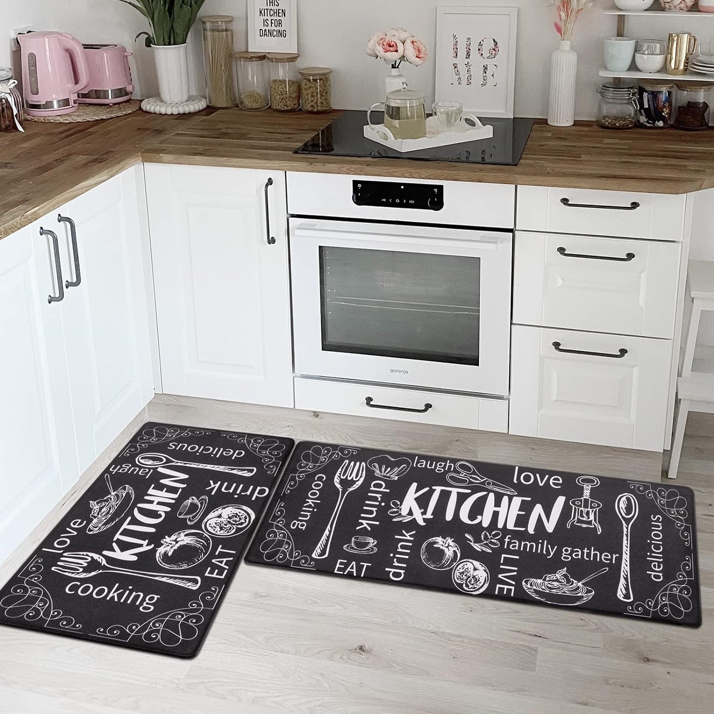 anti Fatigue Kitchen Rugs Set of 2, Cushioned Kitchen Mats for Floor | Non Slip Farmhouse Kitchen Rug and Runner Set, Waterproof Comfort Kitchen Floor Mat Carpet for Sink, Standing Desk, Laundry