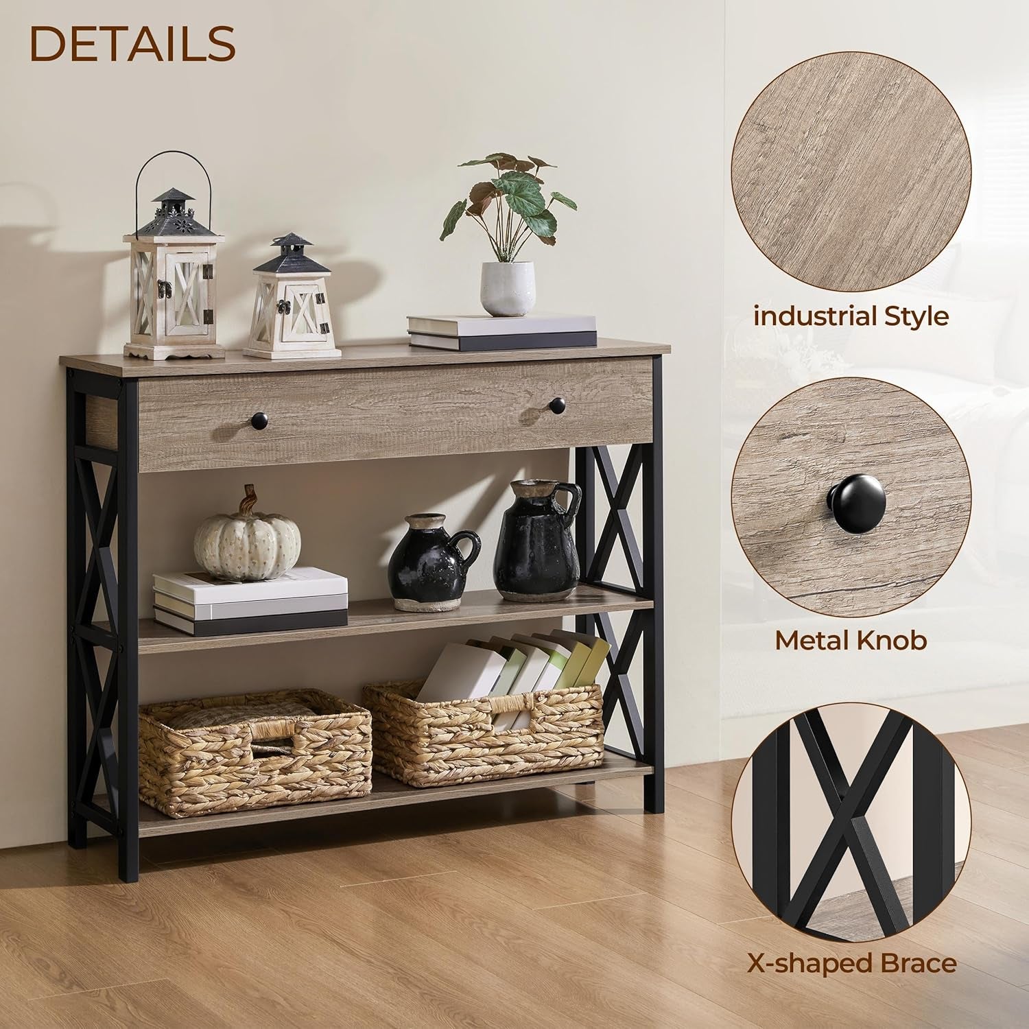 Yaheetech Console Table with Drawer, Entry Table with 3 Tier Storage, Gray | Narrow Hallway Sofa Table with Hidden Storage for Keys and Mail, Sturdy MDF Top on Black Iron Frame, Fits Small Spaces