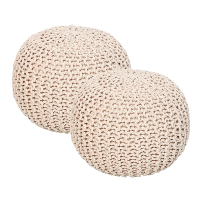 round Pouf Ottoman - Hand Knitted Cable Boho Poof Home Décor Pouffe Circular Footrest for Living Room - Bedroom - Lounge - 100% Cotton (19.5"X19.5"X14") - Beige