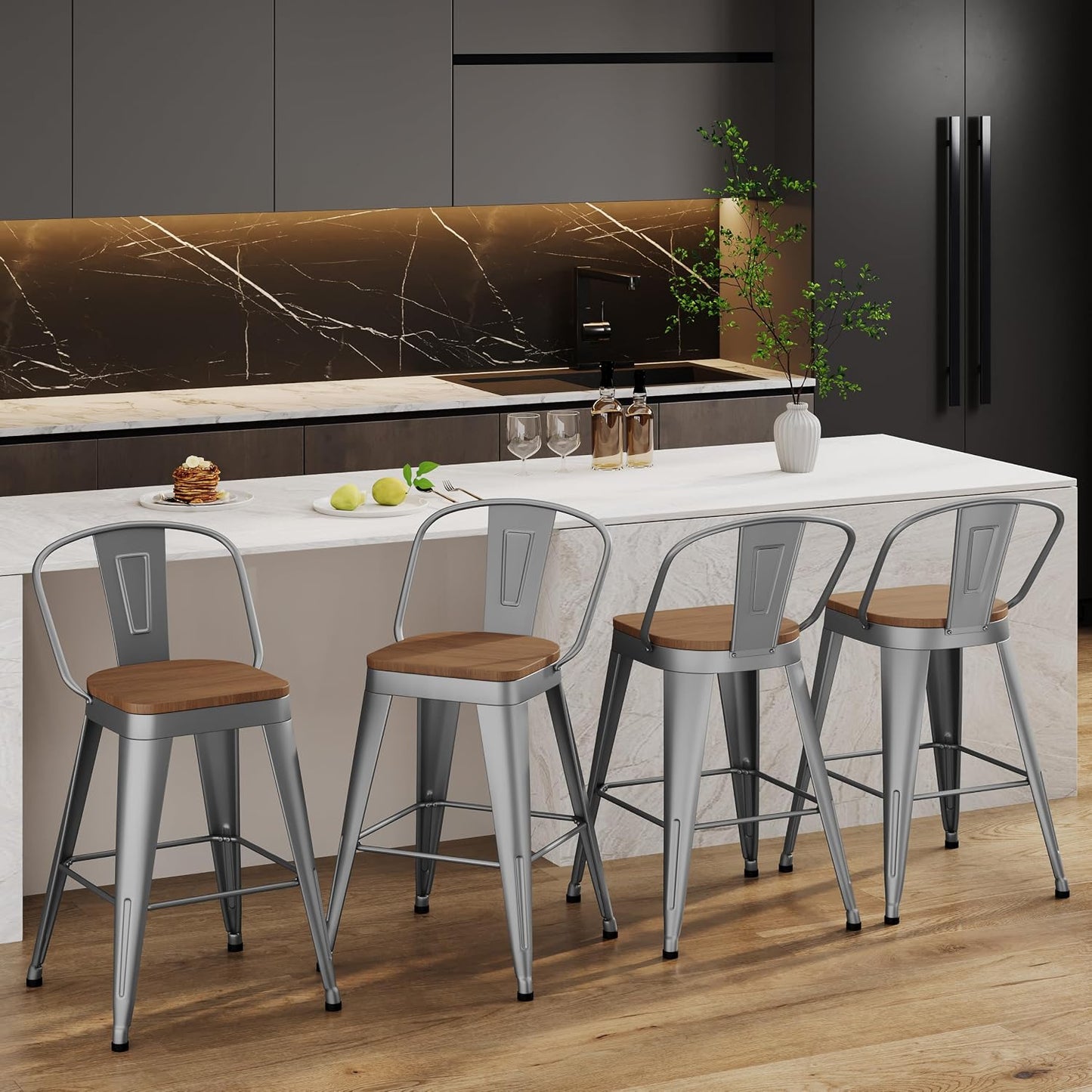 Industrial Metal Bar Stools Set of 4, 26 Inch Counter Height Barstools with Backs, Farmhouse Style, Silver