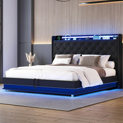 Lift up Storage Bed Queen, Bed Frame Queen Size with Charging Station&Led Lights, Upholstered Platform Bed with Wingback Storage Headboard, Hydraulic Lift System,No Box Spring Needed,Black