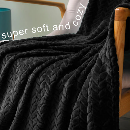 Large Flannel Fleece Throw Blanket, Jacquard Weave Leaves Pattern (50" X 70", Black)