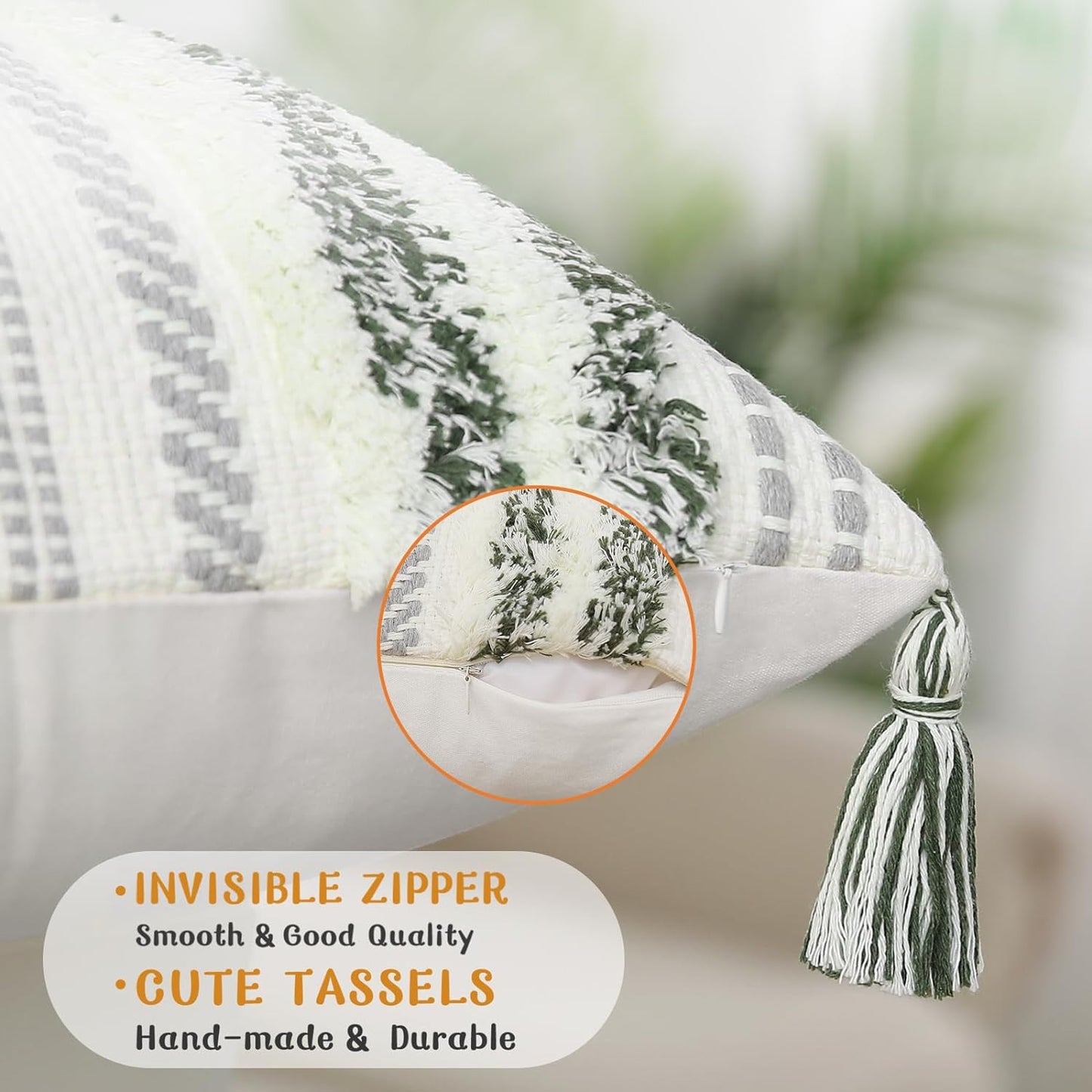 Green and Cream White Throw Pillow Cover 12X20 Pack of 1 | Decorative Boho Lumbar Accent Pillow Cover Neutral Modern Farmhouse Tufted Textured Pillow Cover for Couch Bed Sofa