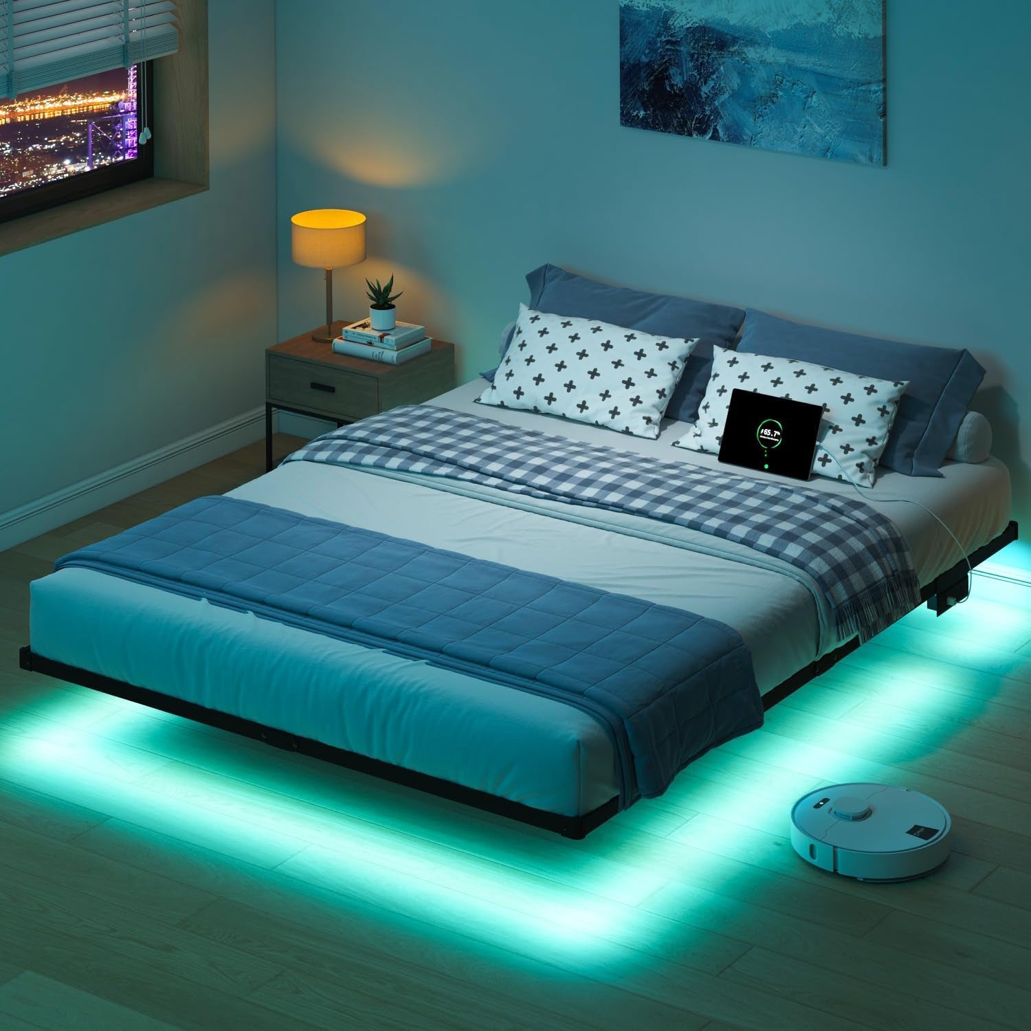 10 Inch Full Size Floating Bed Frame with Charging Station | LED Lights, Platform Bed Frame No Box Spring Needed, Easy Assembly