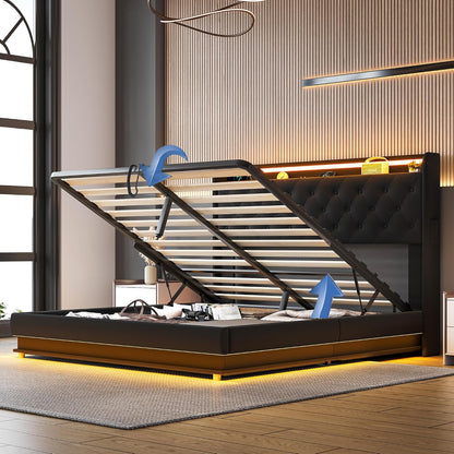 Lift up Storage Bed Queen, Bed Frame Queen Size with Charging Station&Led Lights, Upholstered Platform Bed with Wingback Storage Headboard, Hydraulic Lift System,No Box Spring Needed,Black