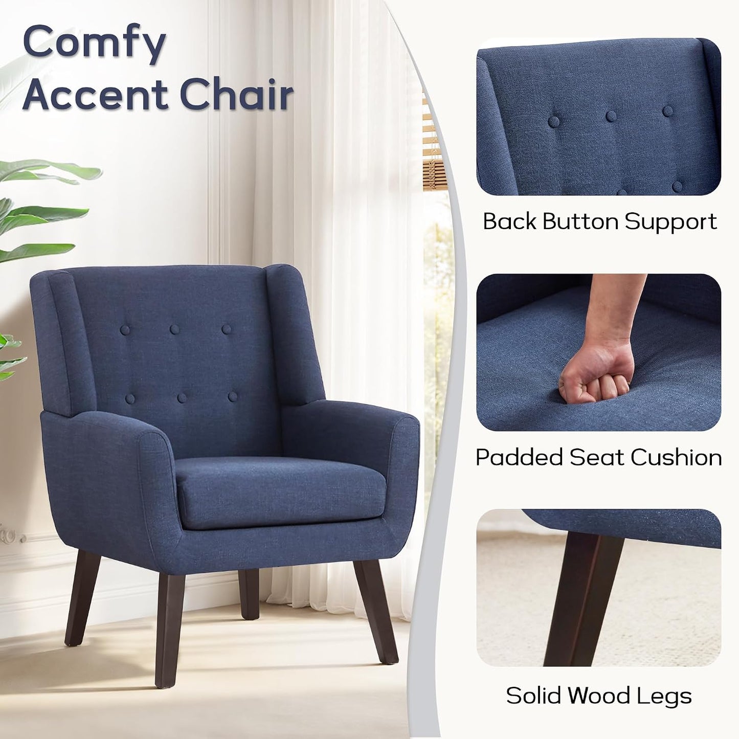 Accent Chair for Living Room,Upholstered Button Linen Armchair Chair | Mid Century Modern Tufted Armchair with Fabric,Comfy Arm Chairs for Club Living Room Reading Bedroom,Waiting Room Dark Blue
