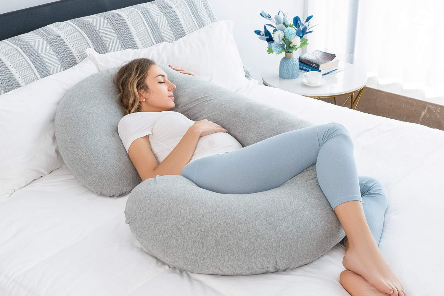 Pregnancy Pillow for Sleeping, Maternity Pillow with Jersey Cotton Cover,C Shaped Body Pillow for Pregnant (Natural Gray)