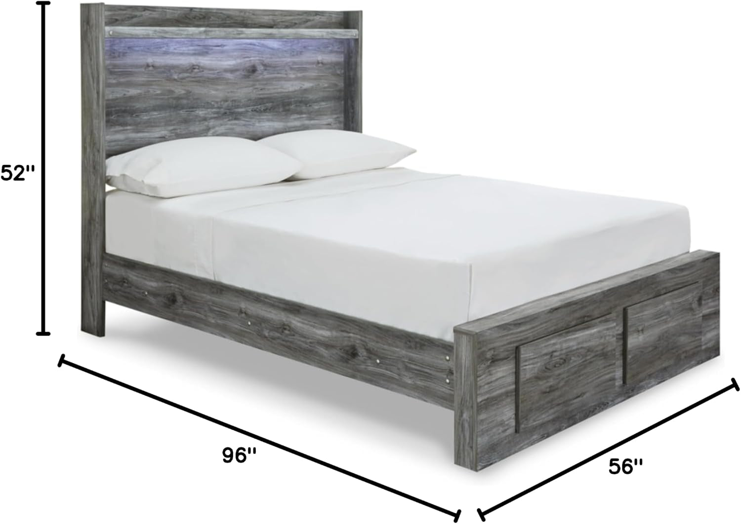 Signature Design by Ashley Full Size Bed with Storage Drawers, Gray | Smoky Gray Replicated Oak Grain Texture, Footboard Drawers, Platform Frame, LED Headboard Lighting, Baystorm Series
