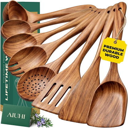 Teak Wood 8-Piece Wooden Kitchen Utensils Set, Wooden Spoons for Cooking, Smooth Wood Spatula Set for Nonstick Cookware, Daily Cooking, Housewarming Gift