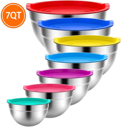 Mixing Bowls with Lids: 7 Pack Stainless Steel Mixing Bowls Set, Metal Nesting Mixing Bowls for Kitchen, 7/4.5/3.0/2.0/1.5/1.0/0.7QT, Great for Prep, Baking, Serving, Multicolor