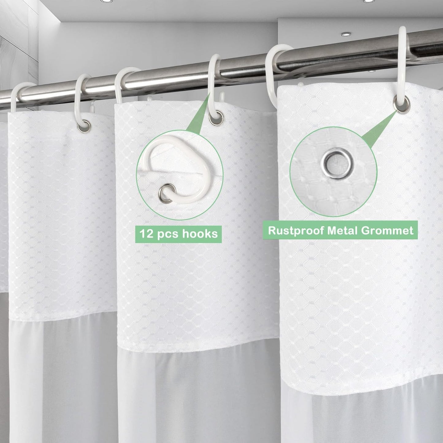 Waffle Weave Fabric Shower Curtain with Mesh Window, Heavy Duty Decorative Bathroom Curtain with White Pique Pattern, Spa-Like Hotel Luxury, Water-Repellent,71X 74 Inches