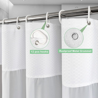 Waffle Weave Fabric Shower Curtain with Mesh Window, Heavy Duty Decorative Bathroom Curtain with White Pique Pattern, Spa-Like Hotel Luxury, Water-Repellent,71X 74 Inches