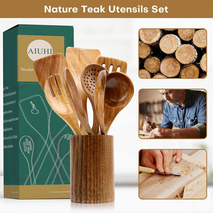 Teak Wood 8-Piece Wooden Kitchen Utensils Set, Wooden Spoons for Cooking, Smooth Wood Spatula Set for Nonstick Cookware, Daily Cooking, Housewarming Gift