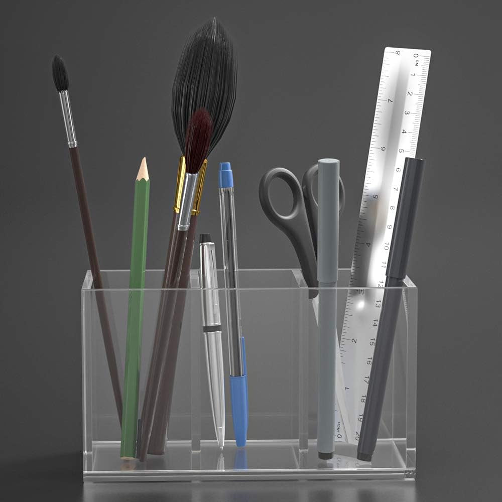 Acrylic Pen Holder 3 Compartments, Clear Pencil Organizer Cup for Countertop Desk Accessory Storage | Scratch-Resistant Thick Acrylic with 3 Slots for Pens, Pencils, Makeup Brushes, Office, Vanity and School Use