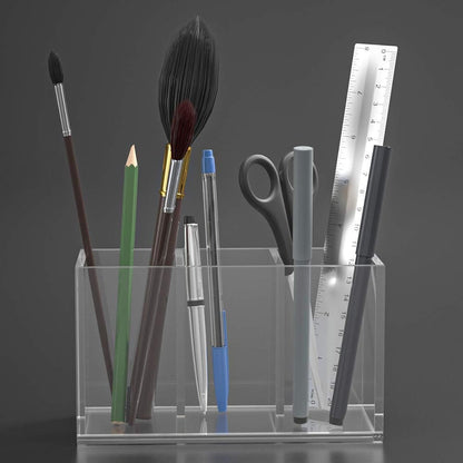 Acrylic Pen Holder 3 Compartments, Clear Pencil Organizer Cup for Countertop Desk Accessory Storage | Scratch-Resistant Thick Acrylic with 3 Slots for Pens, Pencils, Makeup Brushes, Office, Vanity and School Use