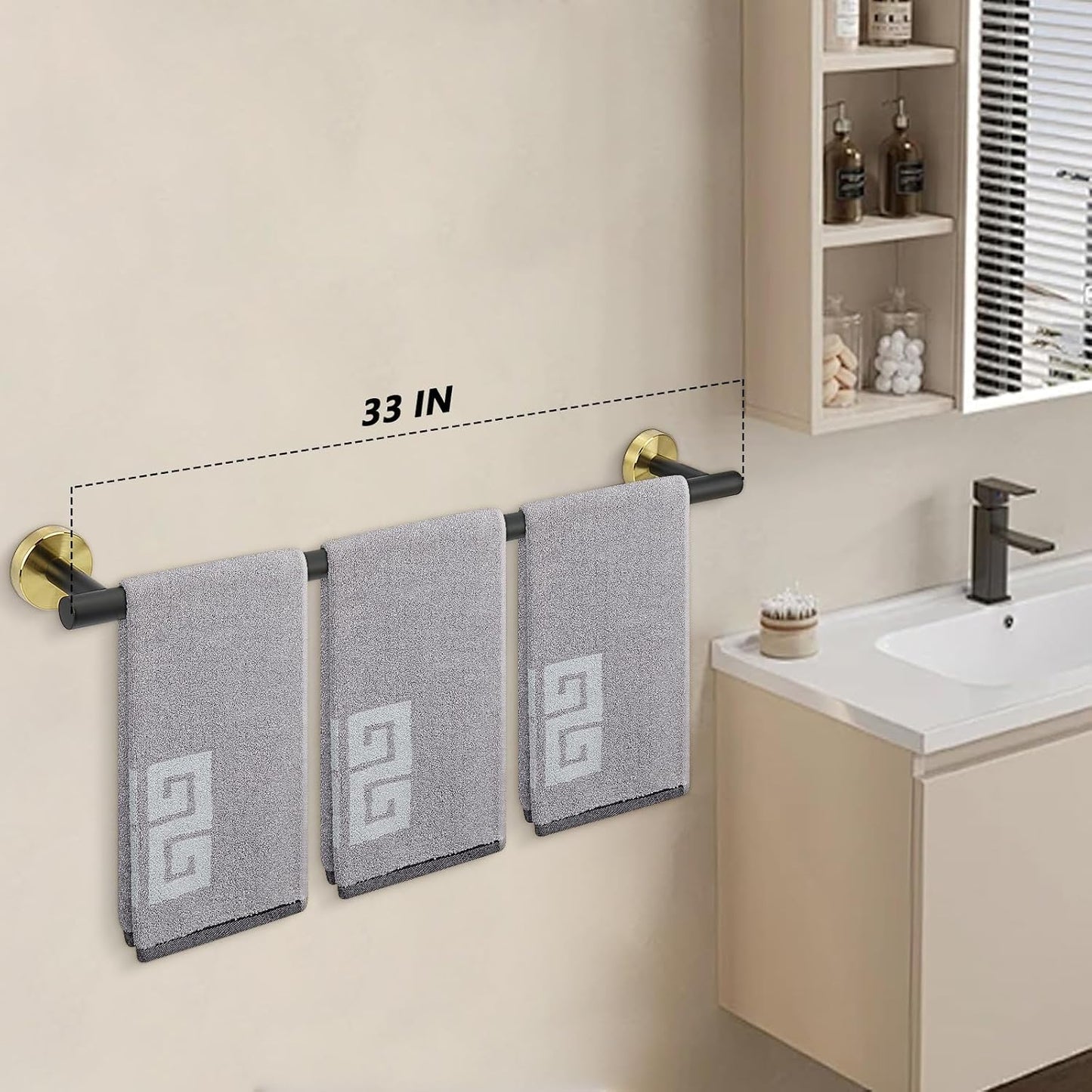 Bath Towel Bar, Thicken Stainless Steel Shower Towel Rack Holder Wall Mounted for Bathroom, 33-Lnch Overall Length-30-Lnch Usable Hanging Space (1 Pack, Matte Black & Gold)