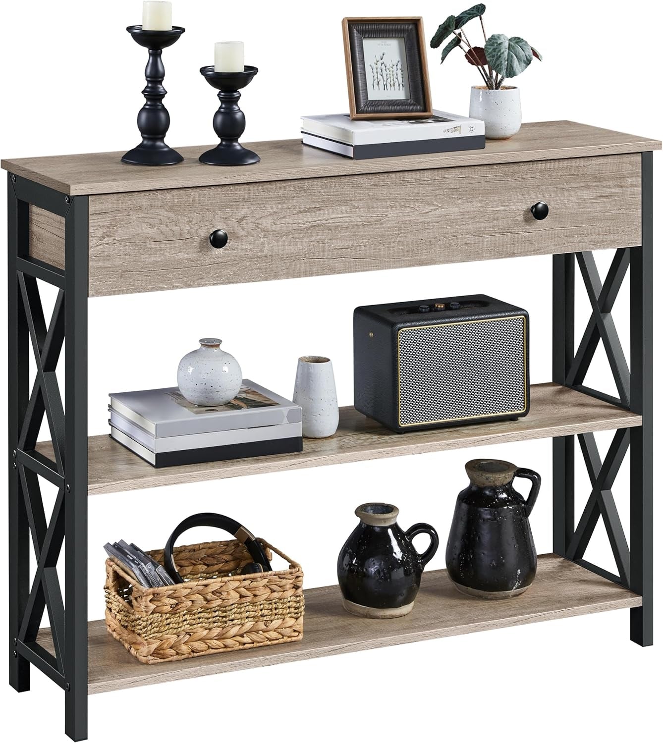 Yaheetech Console Table with Drawer, Entry Table with 3 Tier Storage, Gray | Narrow Hallway Sofa Table with Hidden Storage for Keys and Mail, Sturdy MDF Top on Black Iron Frame, Fits Small Spaces