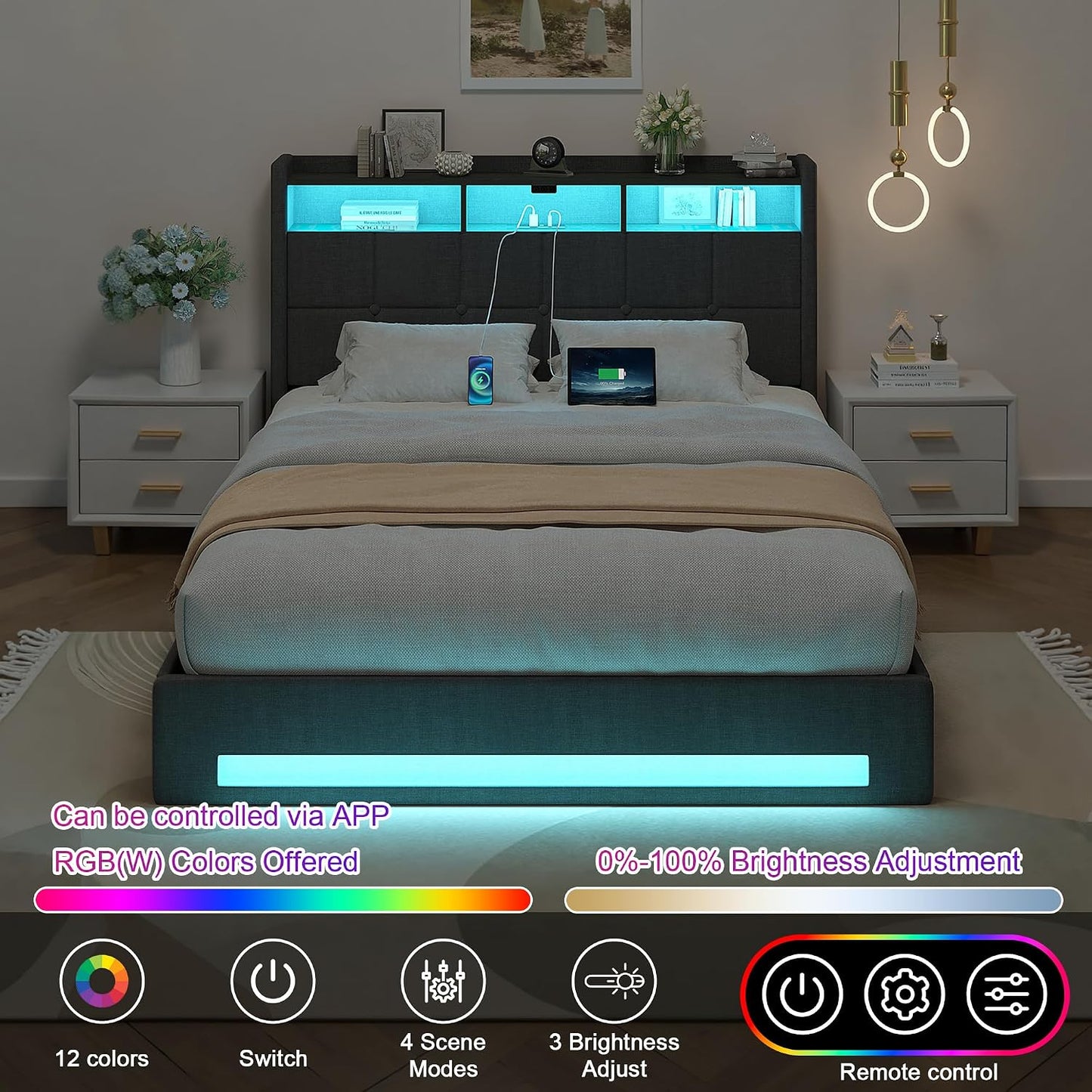 Full Size Lift up Storage Bed, Upholstered Platform Bed Frame with Smart LED Lights and USB Charging Station, No Box Spring Needed, Grey