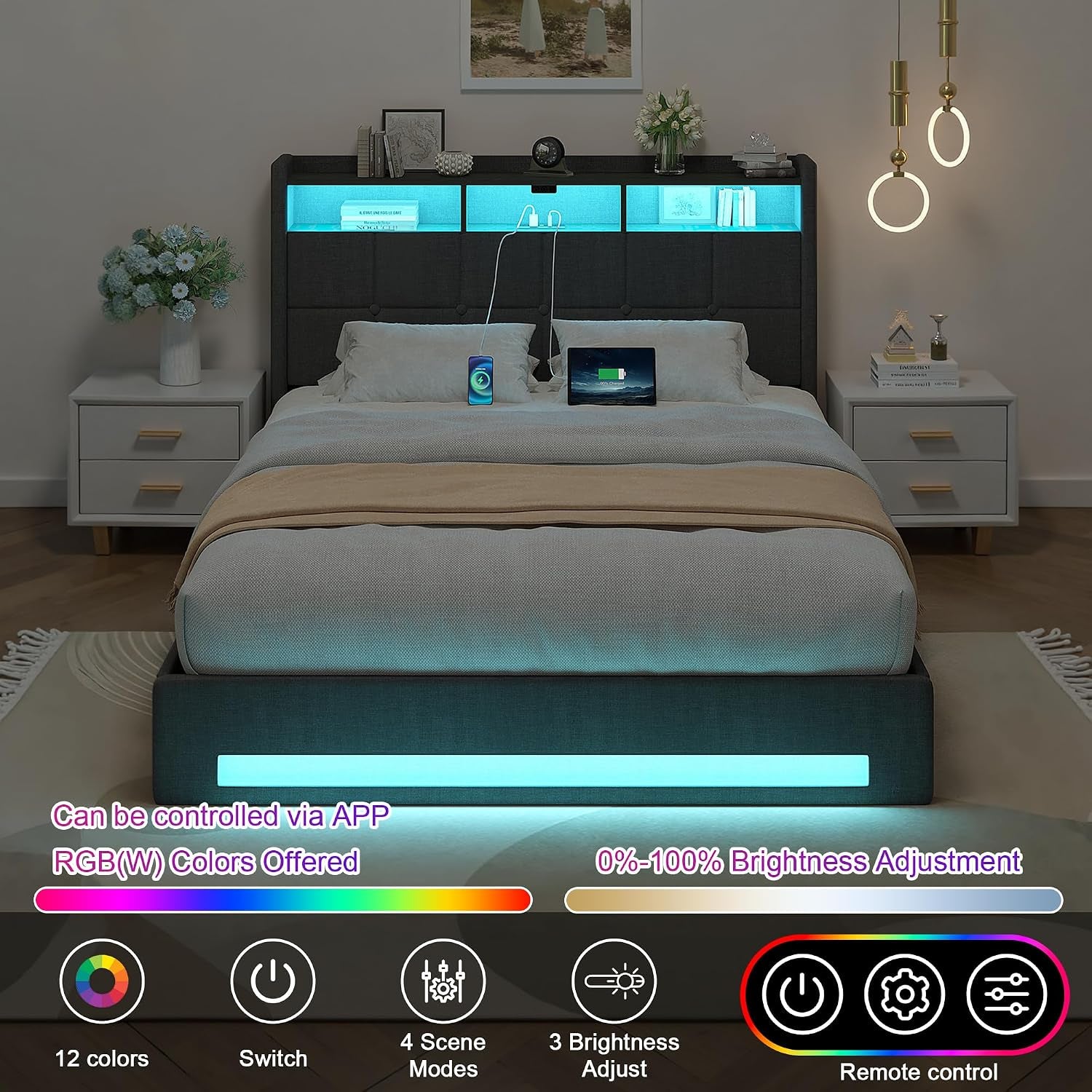 Full Size Lift up Storage Bed, Upholstered Platform Bed Frame with Smart LED Lights and USB Charging Station, No Box Spring Needed, Grey