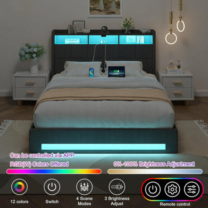 Full Size Lift up Storage Bed, Upholstered Platform Bed Frame with Smart LED Lights and USB Charging Station, No Box Spring Needed, Grey